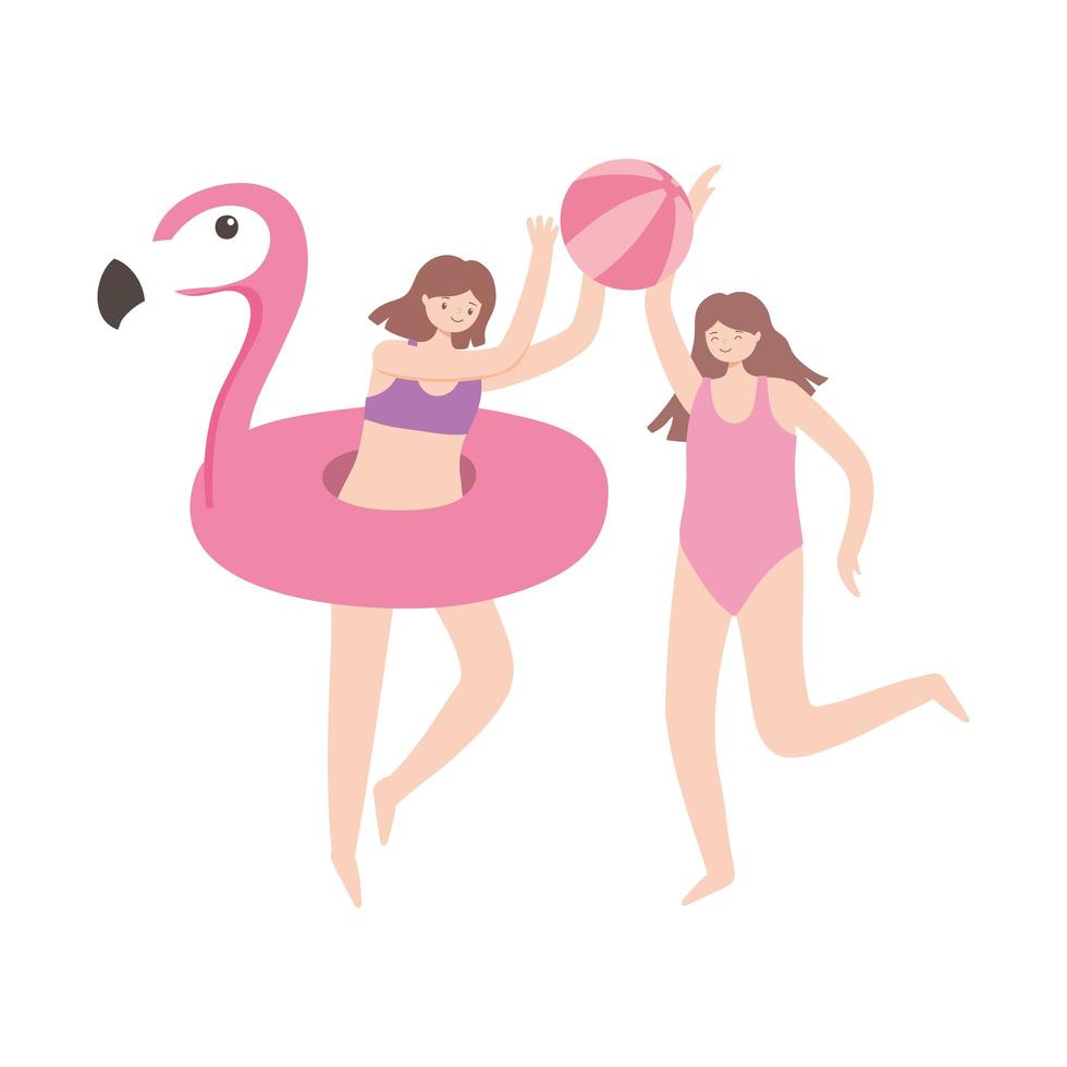 verano, vacaciones, turismo, niñas, con, pelota de playa, y, flamenco, flotador vector
