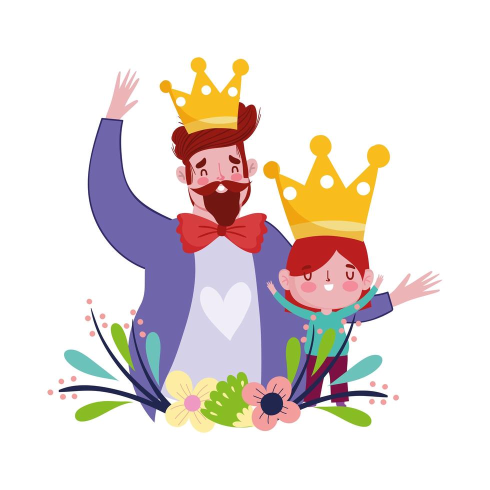 happy fathers day, cute dad and son crown flowers love vector