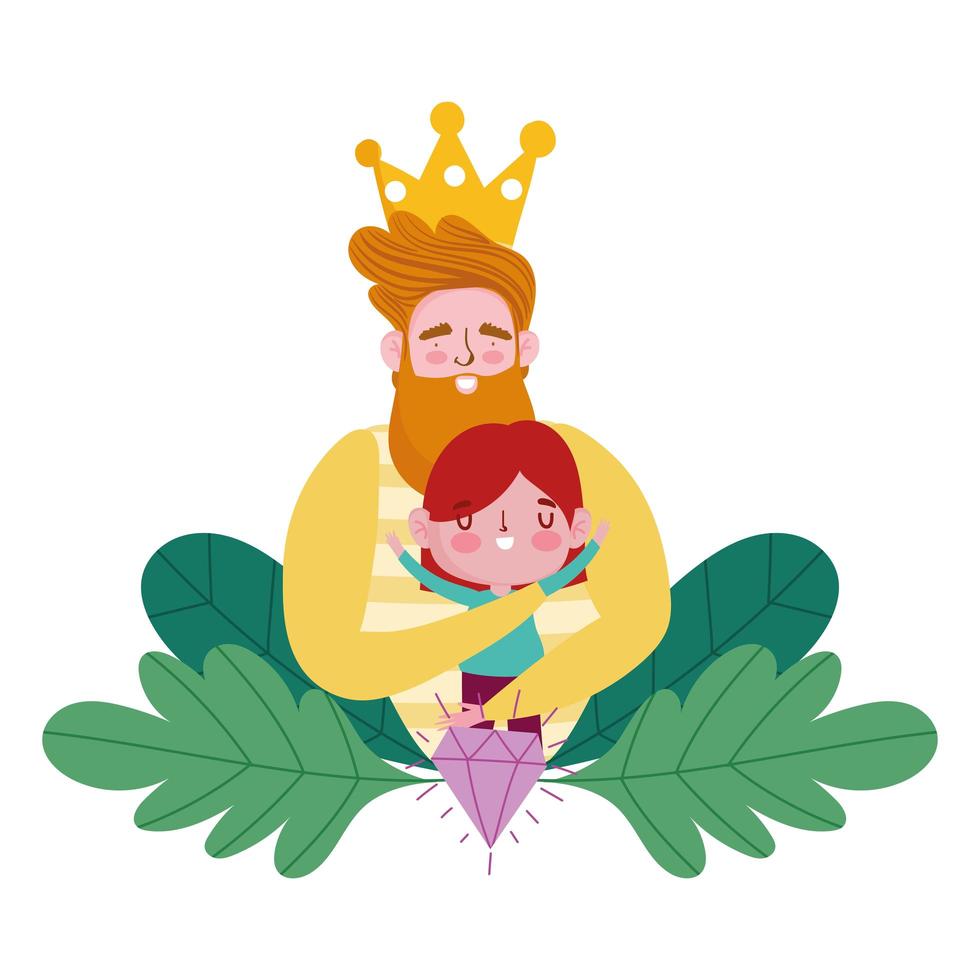 happy fathers day, bearded man hugging a little son cartoon vector