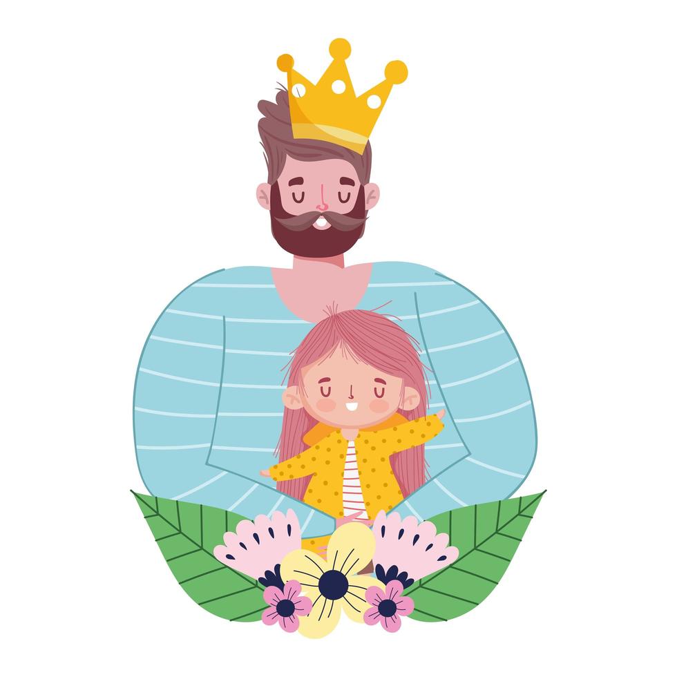 happy fathers day, dad with crown and daughter flowers love vector