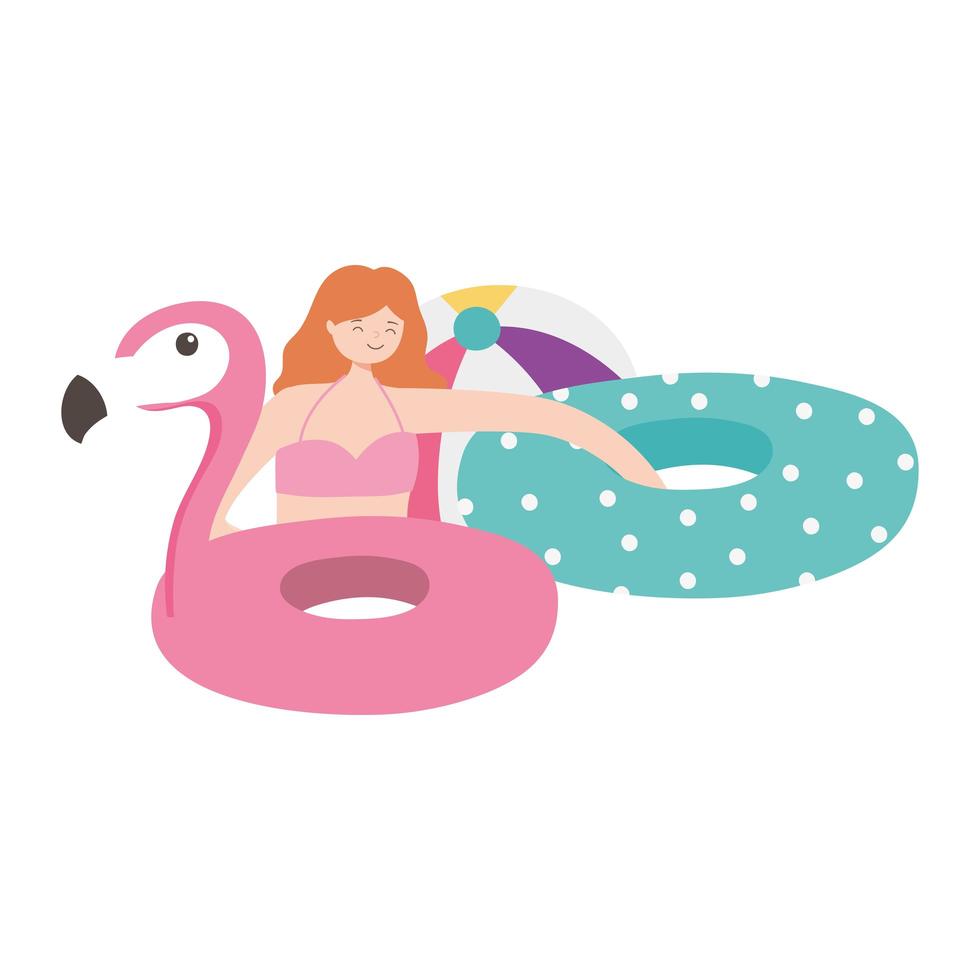 Verano mujer en traje de baño con dos flotadores inflables y turismo de vacaciones de pelota vector