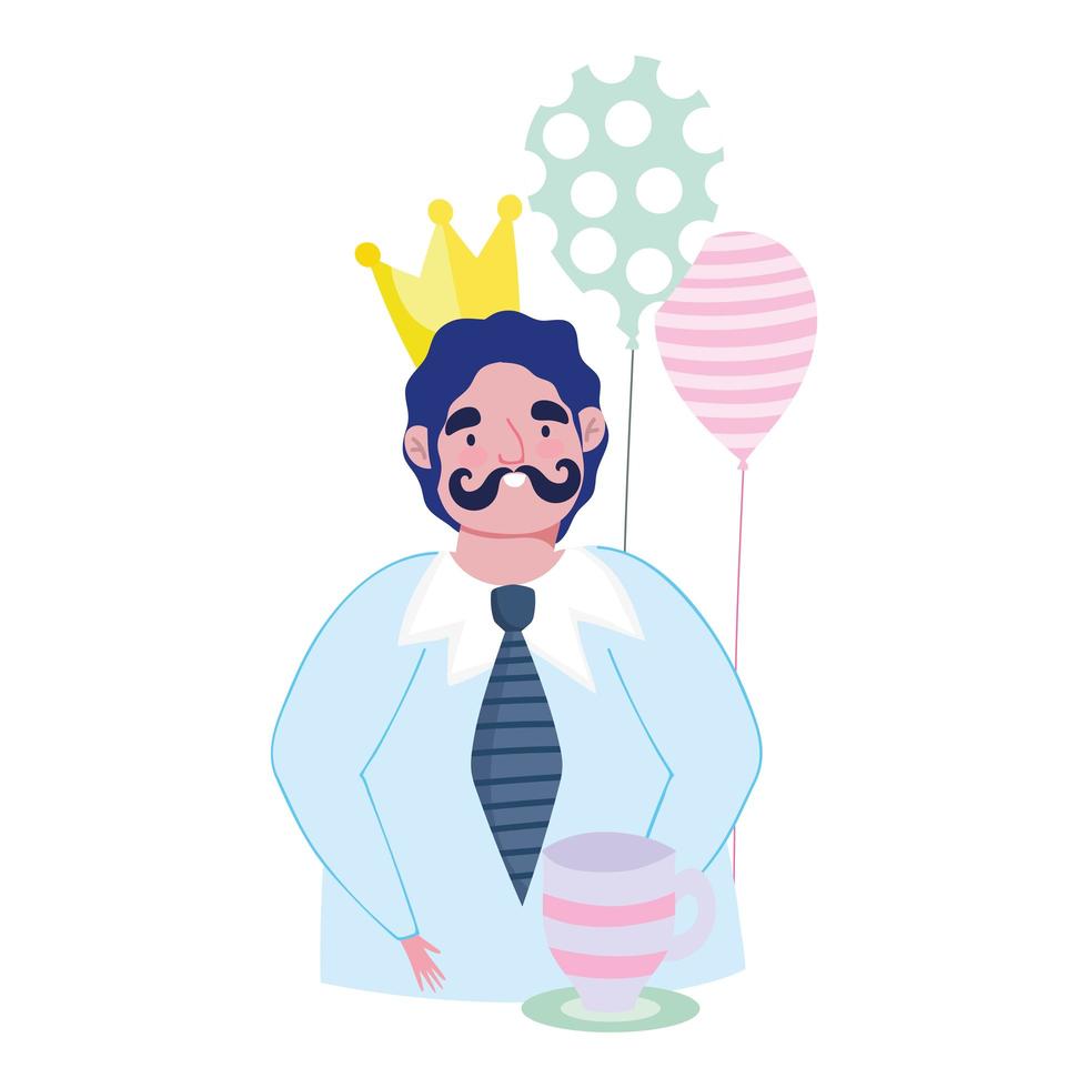 happy fathers day, dad with crown coffee cup and balloons cartoon vector