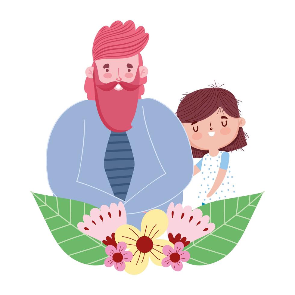 happy fathers day, cute dad and daughter flowers love vector