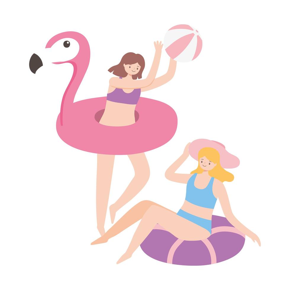 verano, mujeres, en, inflable, y, flamenco, flotador, con, pelota vector