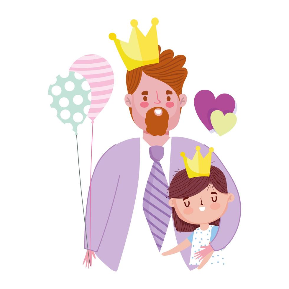 happy fathers day, bearded man wearing crown with her son with balloon vector