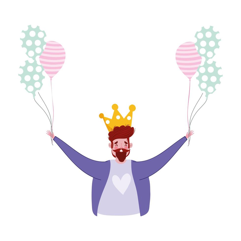 feliz día del padre, personaje de papá con corona y globos vector