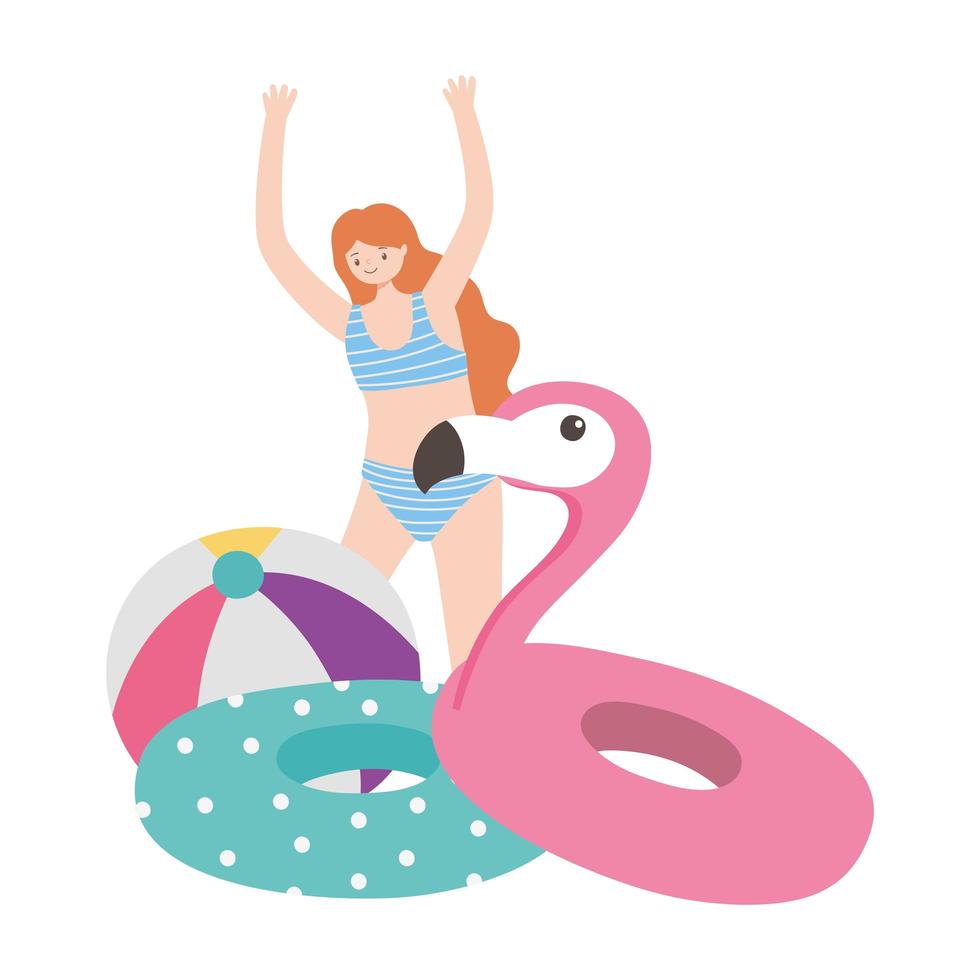 verano, mujer feliz, con, flotadores, y, pelota, vacaciones, turismo vector