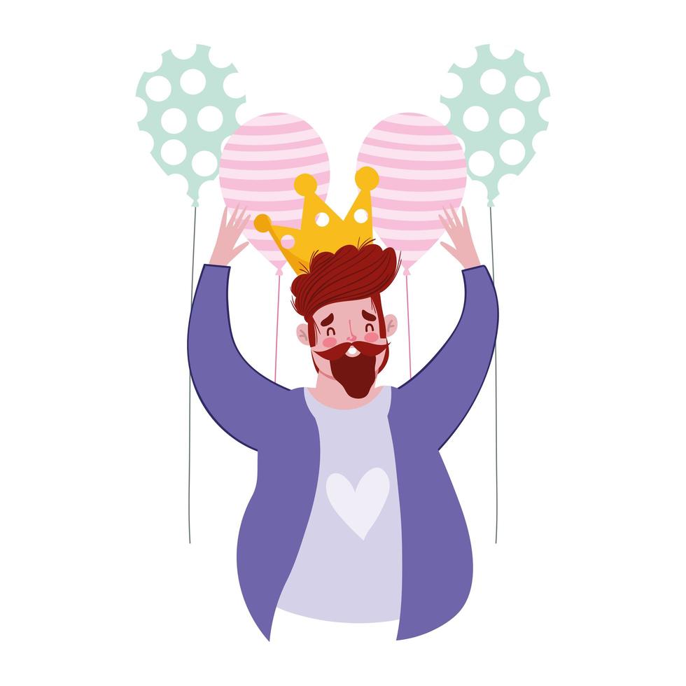 feliz día del padre, personaje de papá con corona y globos vector