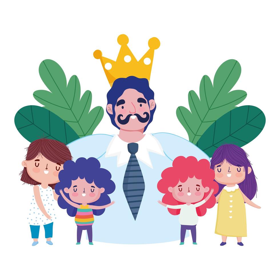 happy fathers day, dad with mustache crown and little kids celebration vector