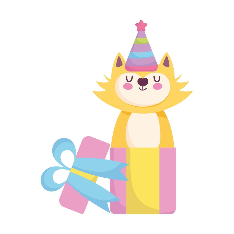 baby shower, lindo gato saliendo celebración de caja de regalo, anunciar tarjeta de bienvenida recién nacida vector