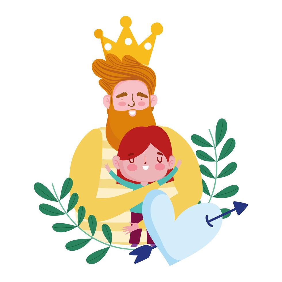 happy fathers day, bearded dad with crown hugging a son, heart pierced arrow vector