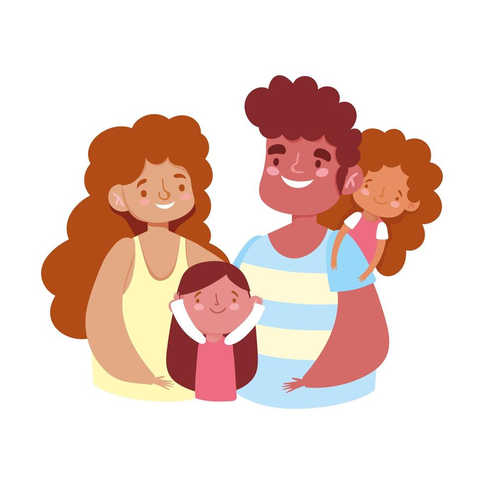 mamá, papá, abrazar, con, hijas, caricatura, día de la familia vector