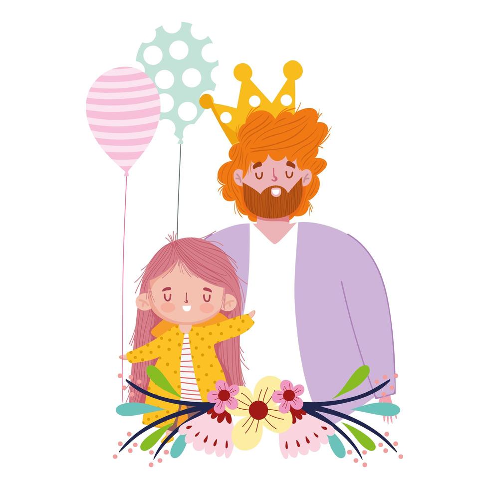 happy fathers day, man with crown daughter and balloons decoration vector