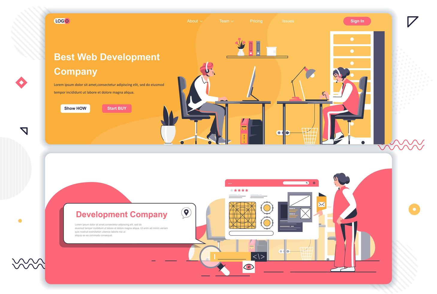 Web development company landing pages set. vector