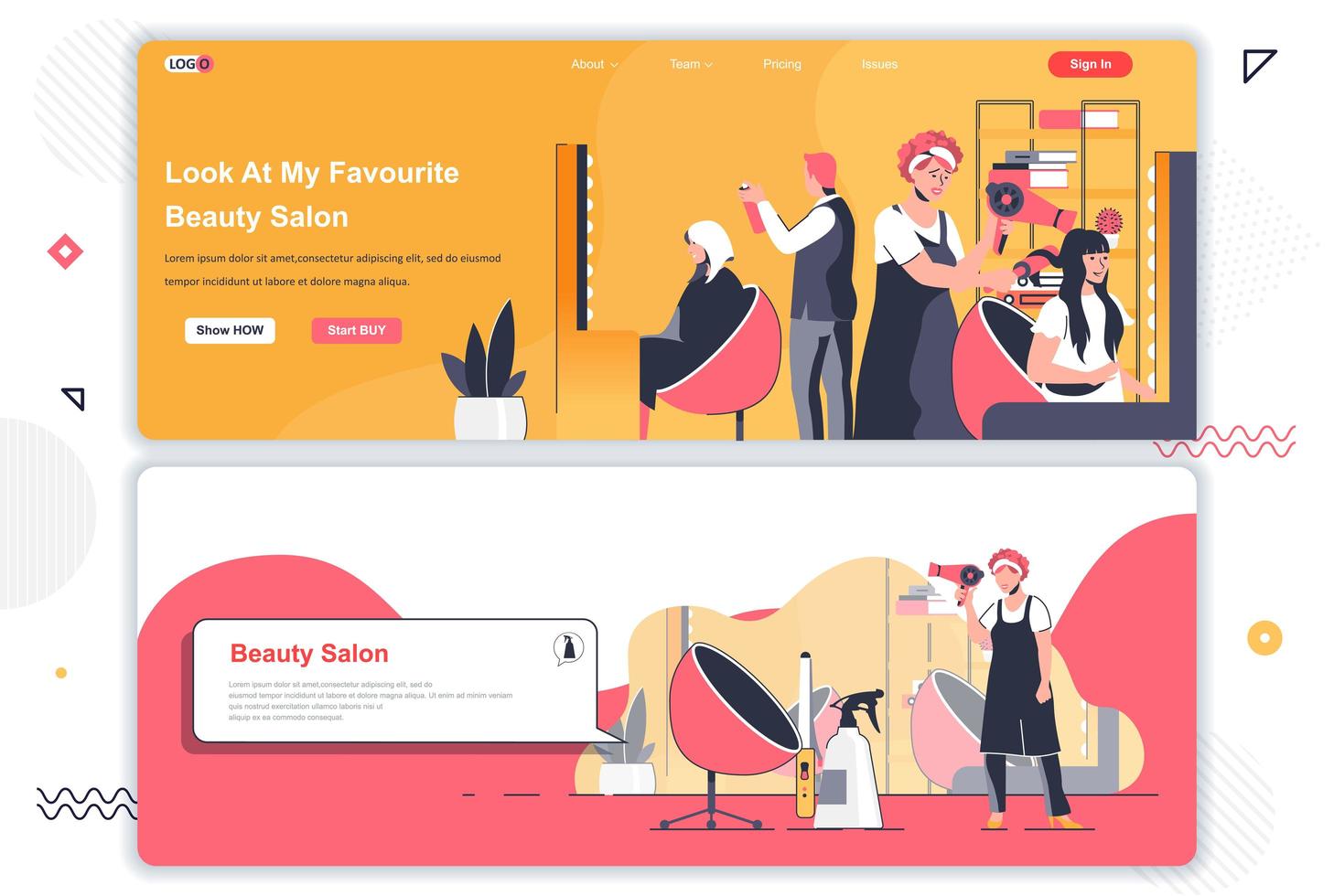 Beauty salon landing pages set. vector
