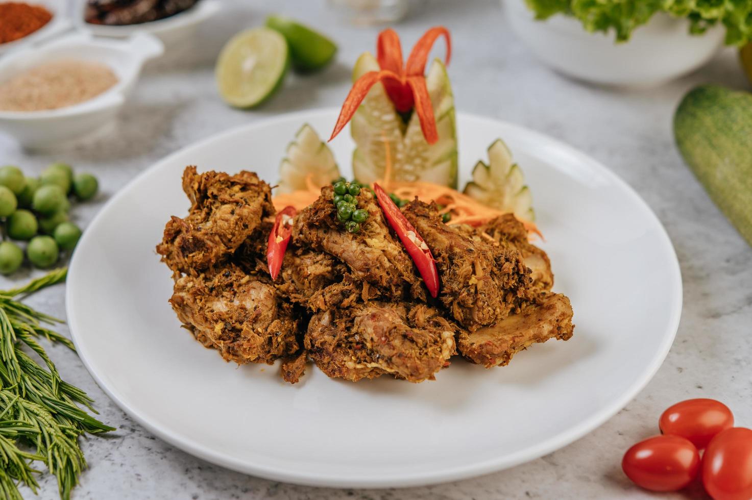 Herb fried pork with vegetables photo