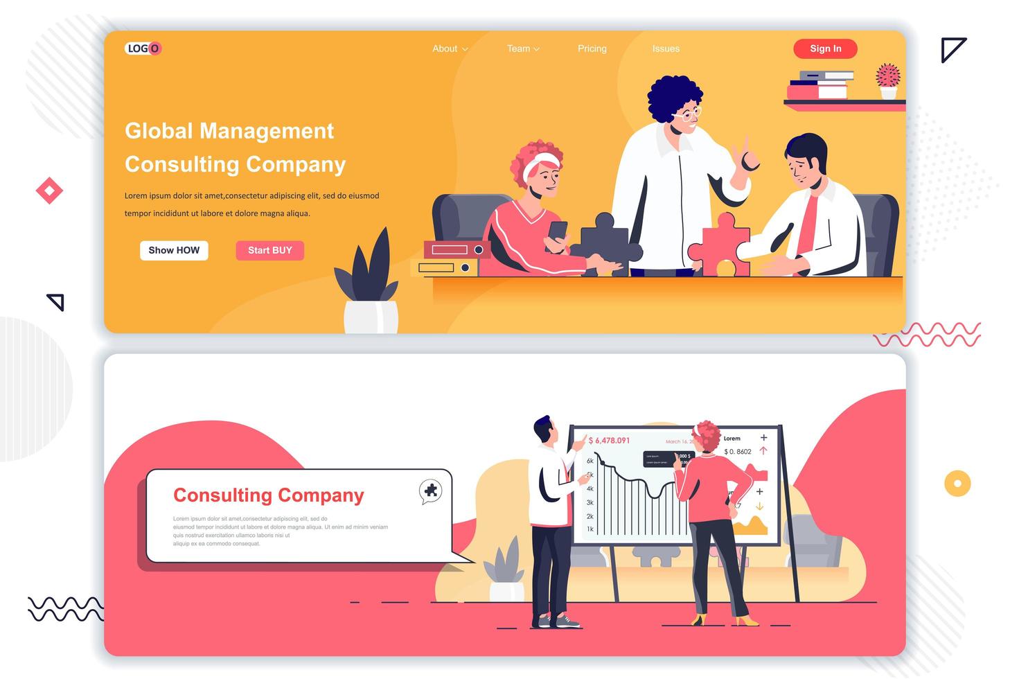 Consulting company landing pages set. vector