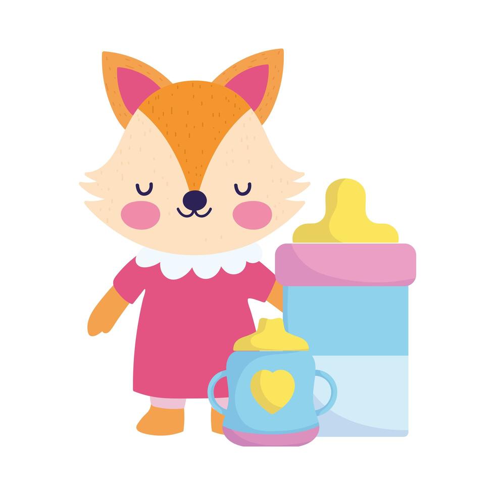 baby shower, cute fox with bottle feed and cup, announce newborn welcome card vector
