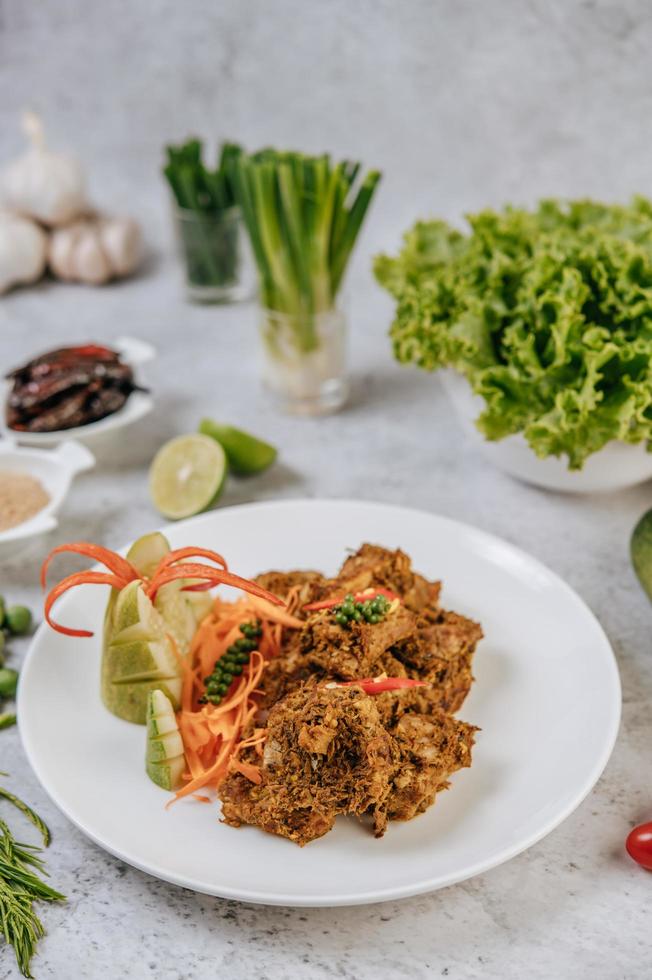 Herb fried pork with vegetables photo