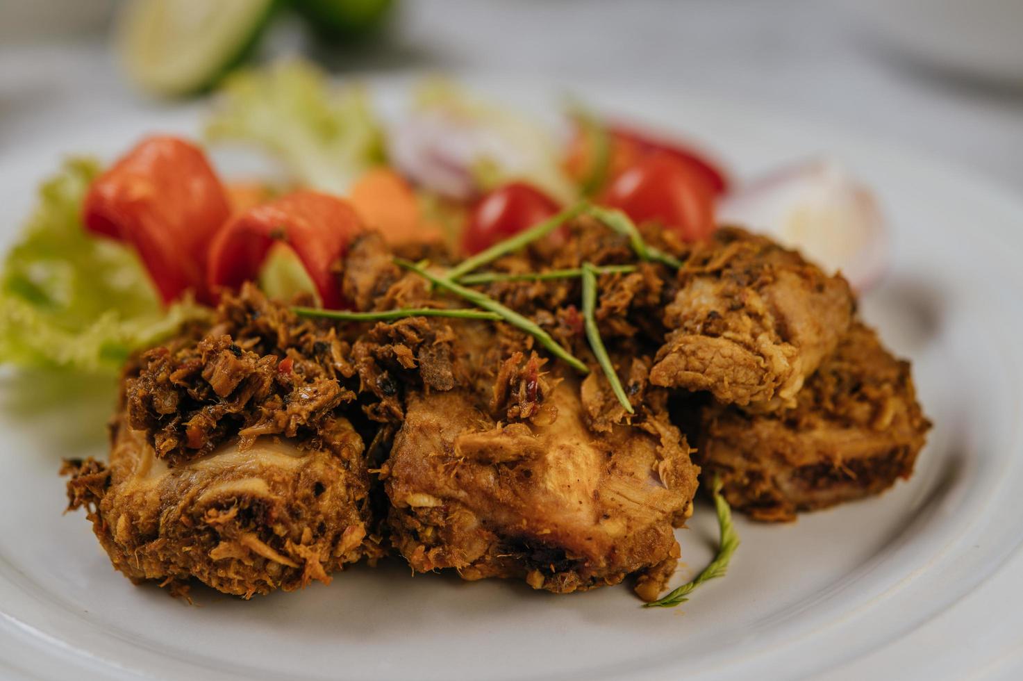 Herb fried pork with vegetables photo