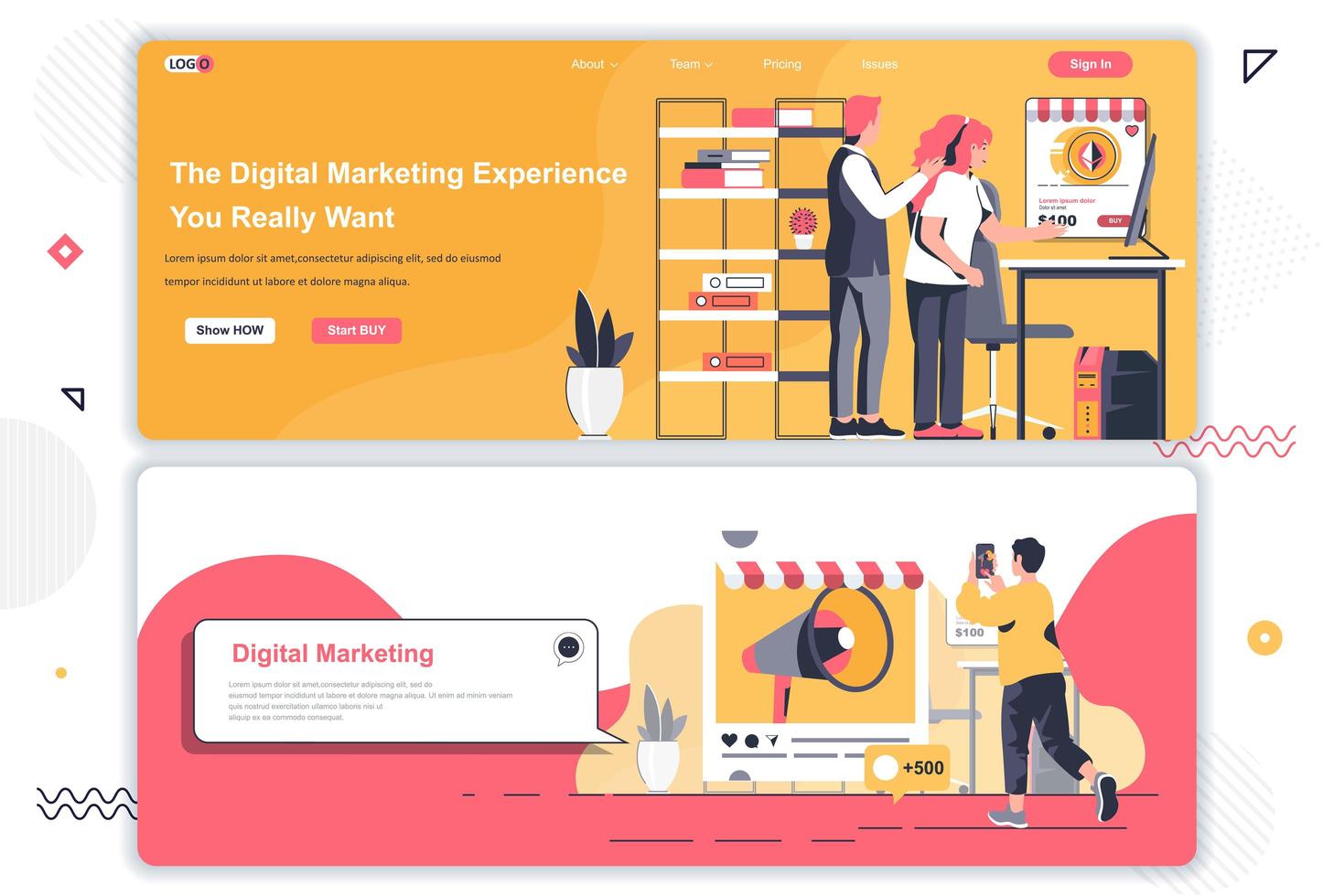 Digital marketing agency landing pages set. vector