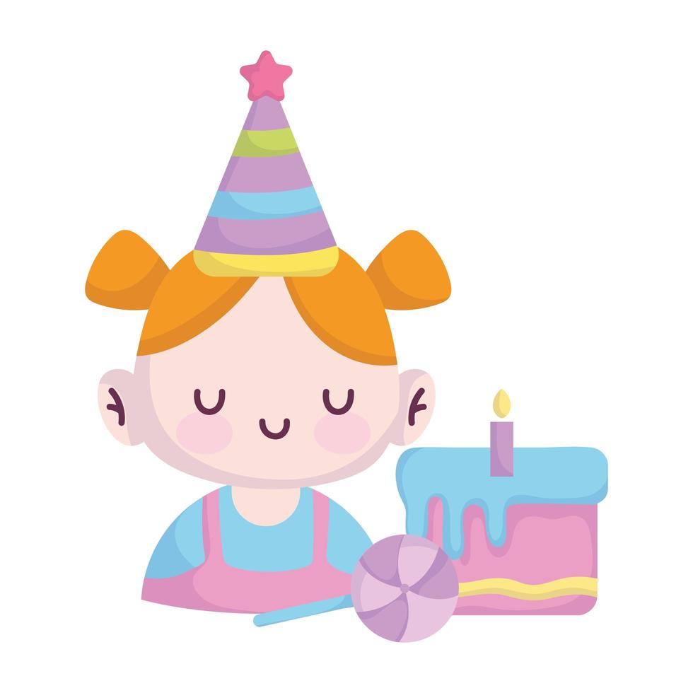 baby shower, niña con gorro de fiesta y pastel, anuncia la tarjeta de bienvenida del recién nacido vector