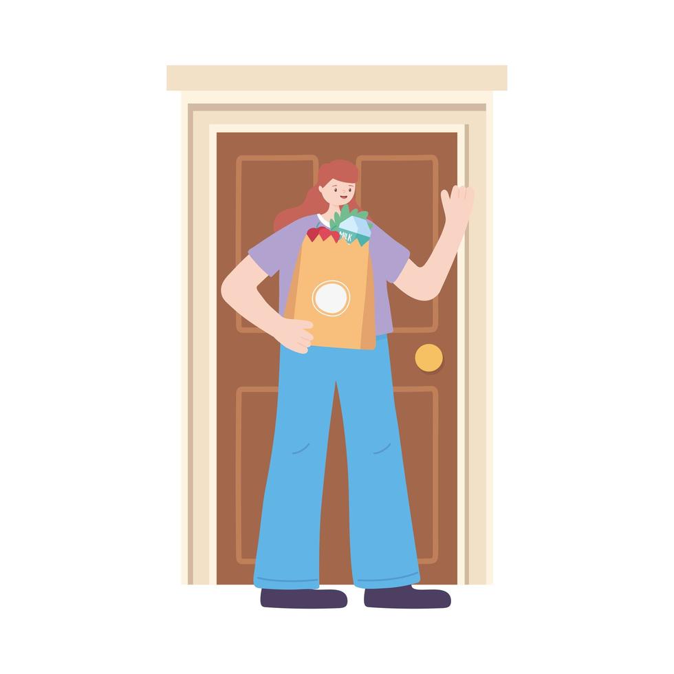 covid-19 coronavirus pandemic, delivery service, customer woman with grocery bag in door home vector