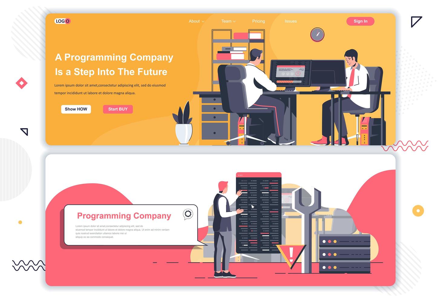 Programming company landing pages set. vector
