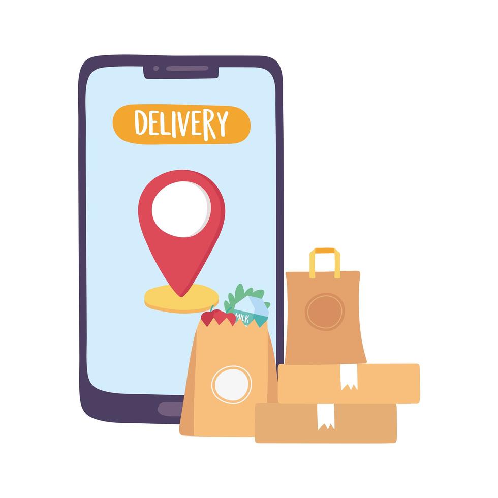covid-19 coronavirus pandemic, delivery service, smartphone online order boxes and grocery bag vector