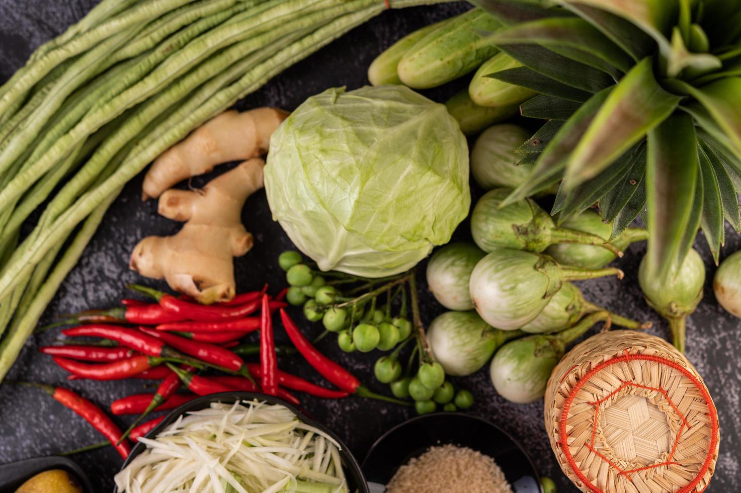 Papaya salad ingredients with fermented fish photo