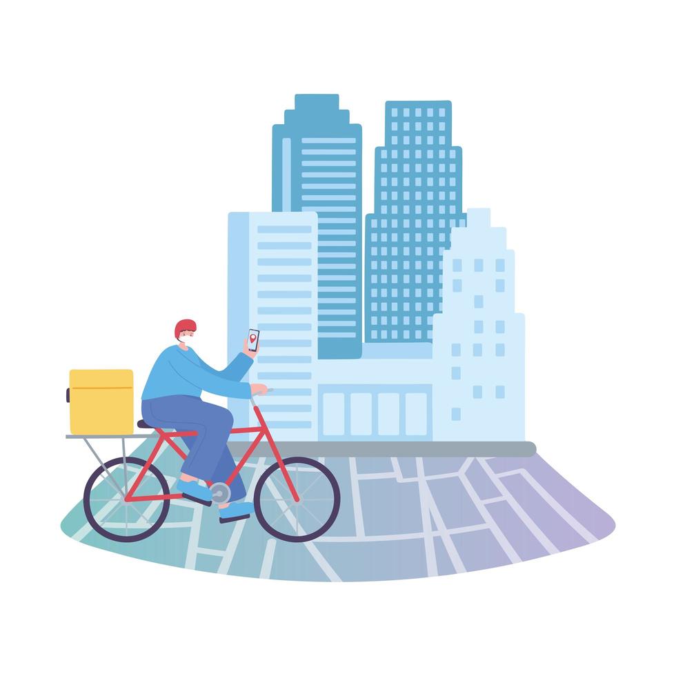 covid-19 coronavirus pandemic, delivery service, delivery man with mobile riding bike on tracking map, wear protective medical mask vector