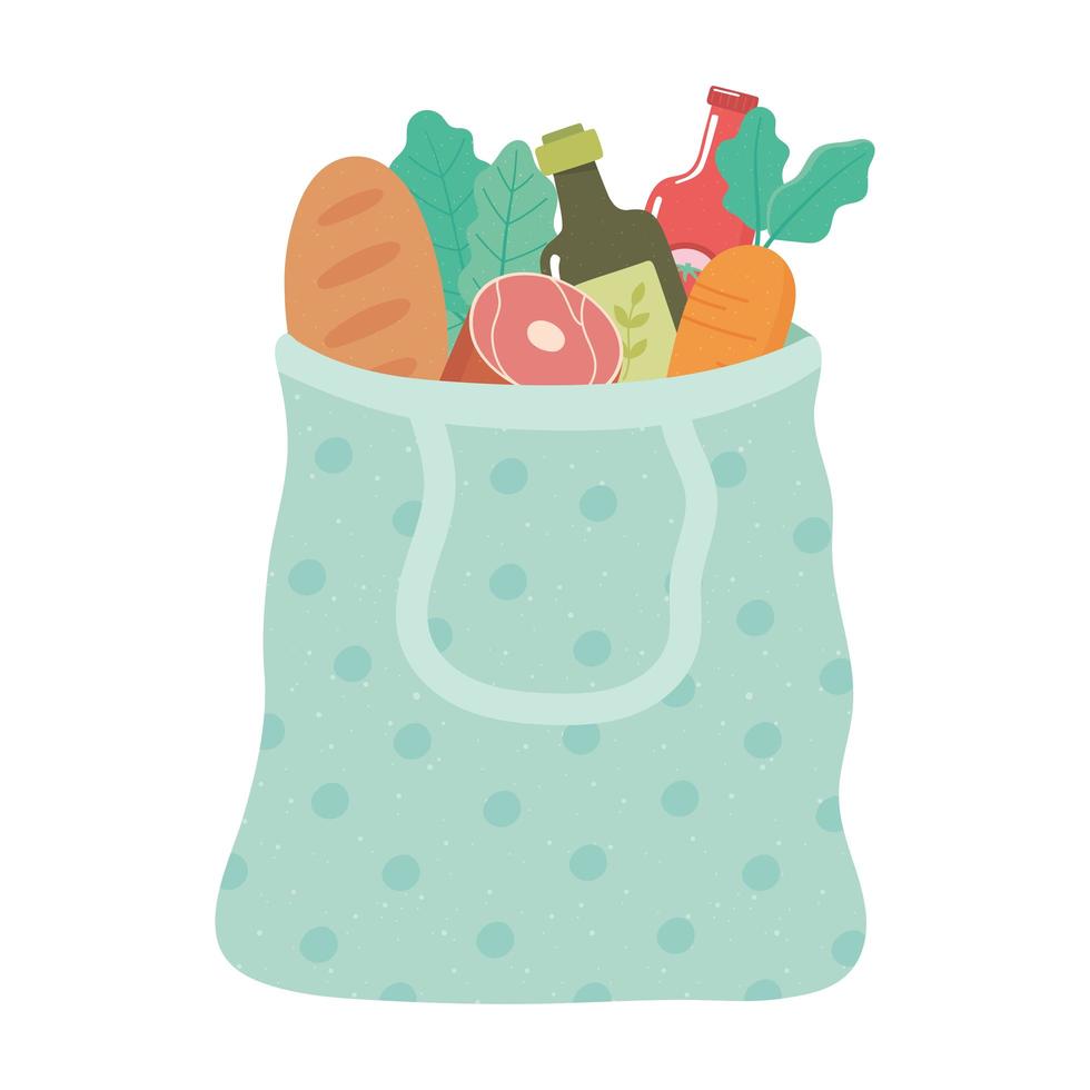 bolsa de compras con pan, aceite de oliva, zanahoria, compras de comestibles vector