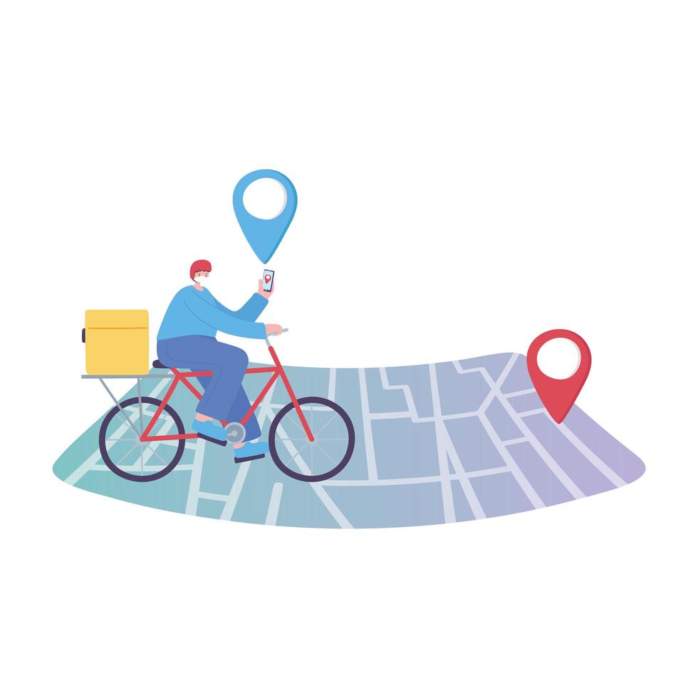 covid-19 coronavirus pandemic, delivery service, delivery man with smartphone in bike on navigation map, wear protective medical mask vector