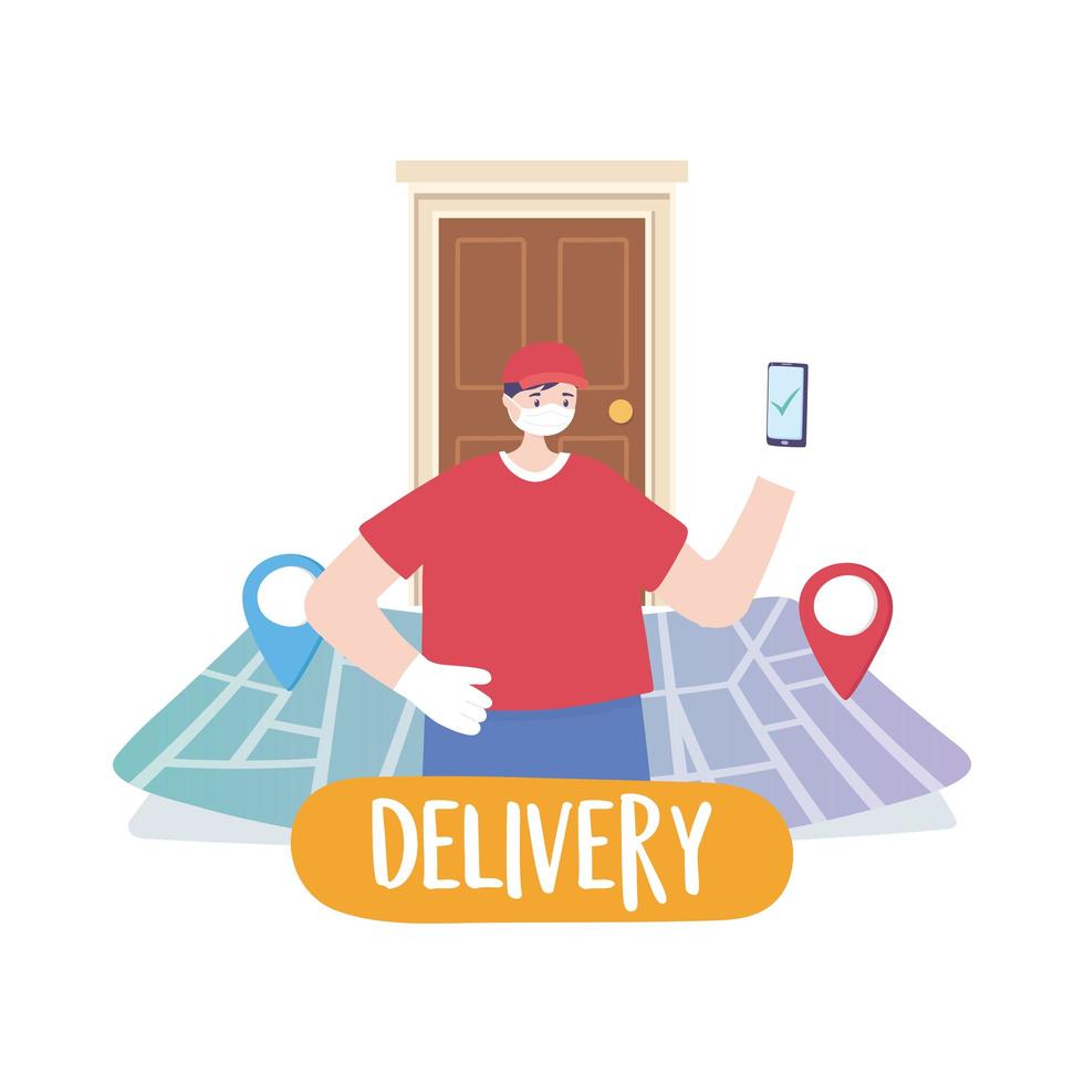 covid-19 coronavirus pandemic, delivery service, delivery man with mobile in door home, wear protective medical mask vector