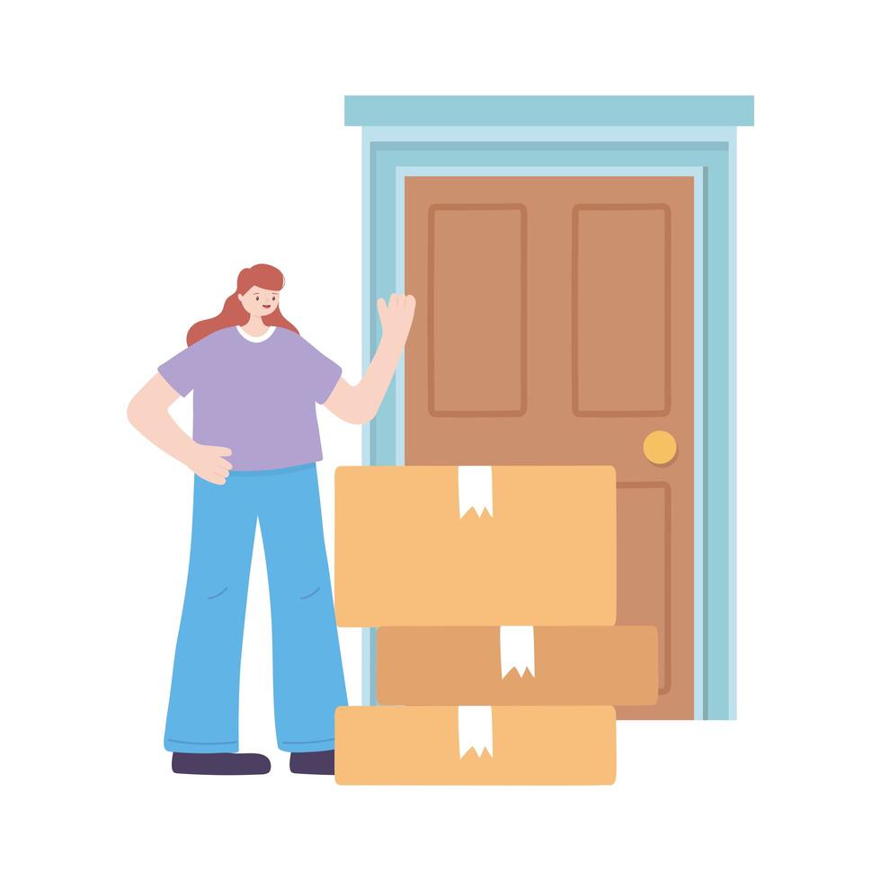 covid-19 coronavirus pandemic, delivery service, customer woman with boxes in door home vector