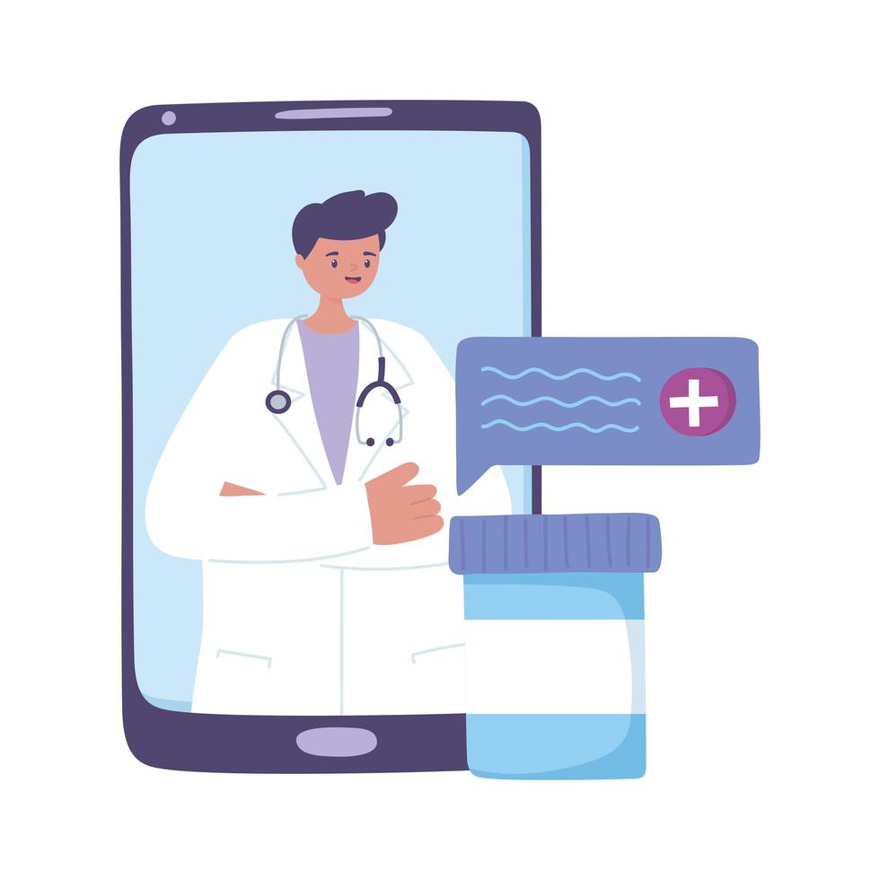 telemedicine, male doctor smartphone prescription medicine, consultation treatment and online healthcare services vector