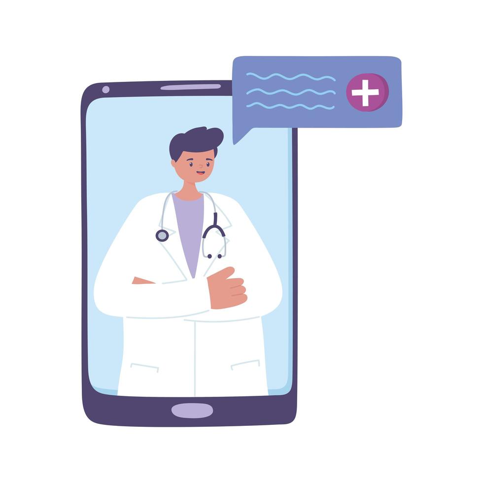 telemedicina, tratamiento de consulta remota por chat de teléfono inteligente médico masculino y servicios de atención médica en línea vector