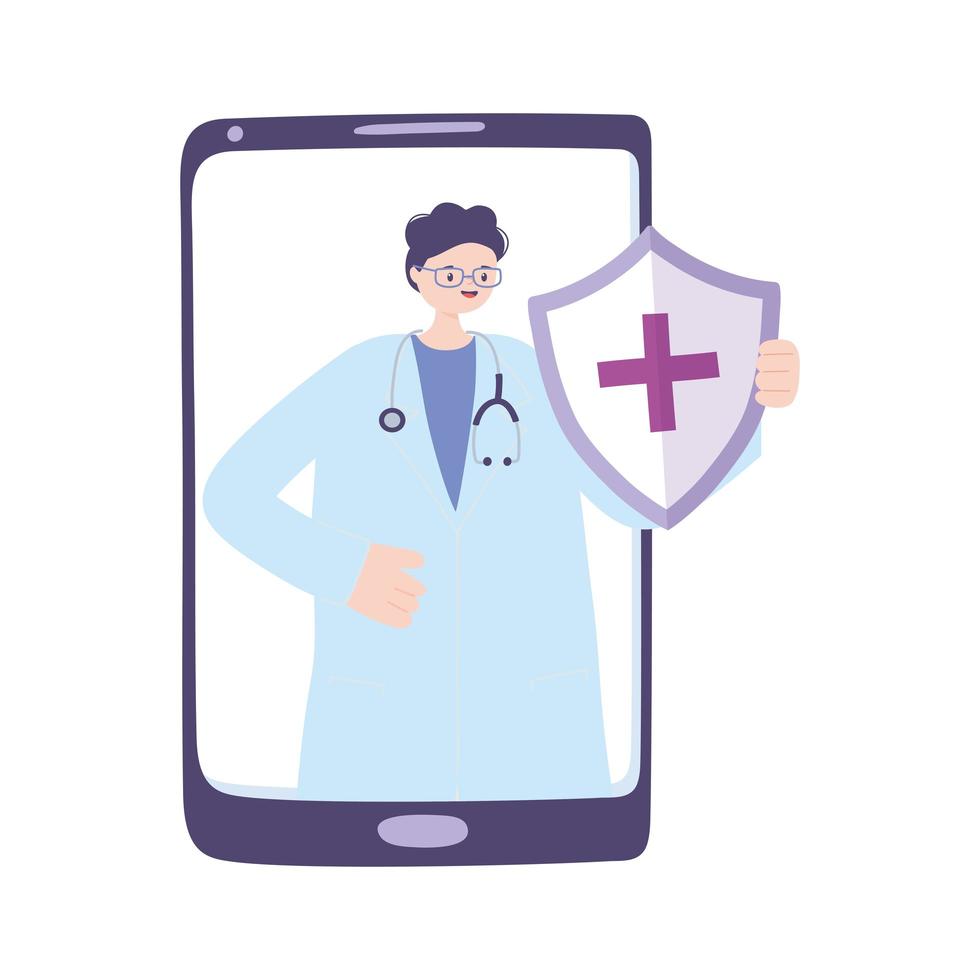 telemedicine, smartphone male doctor medical shield medication vector