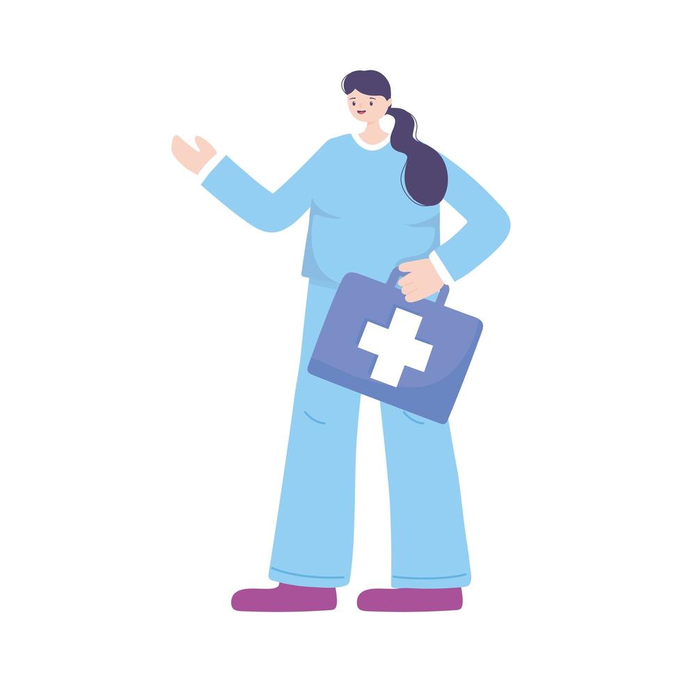 telemedicine, female doctor with kit first aid medical treatment and online healthcare services vector