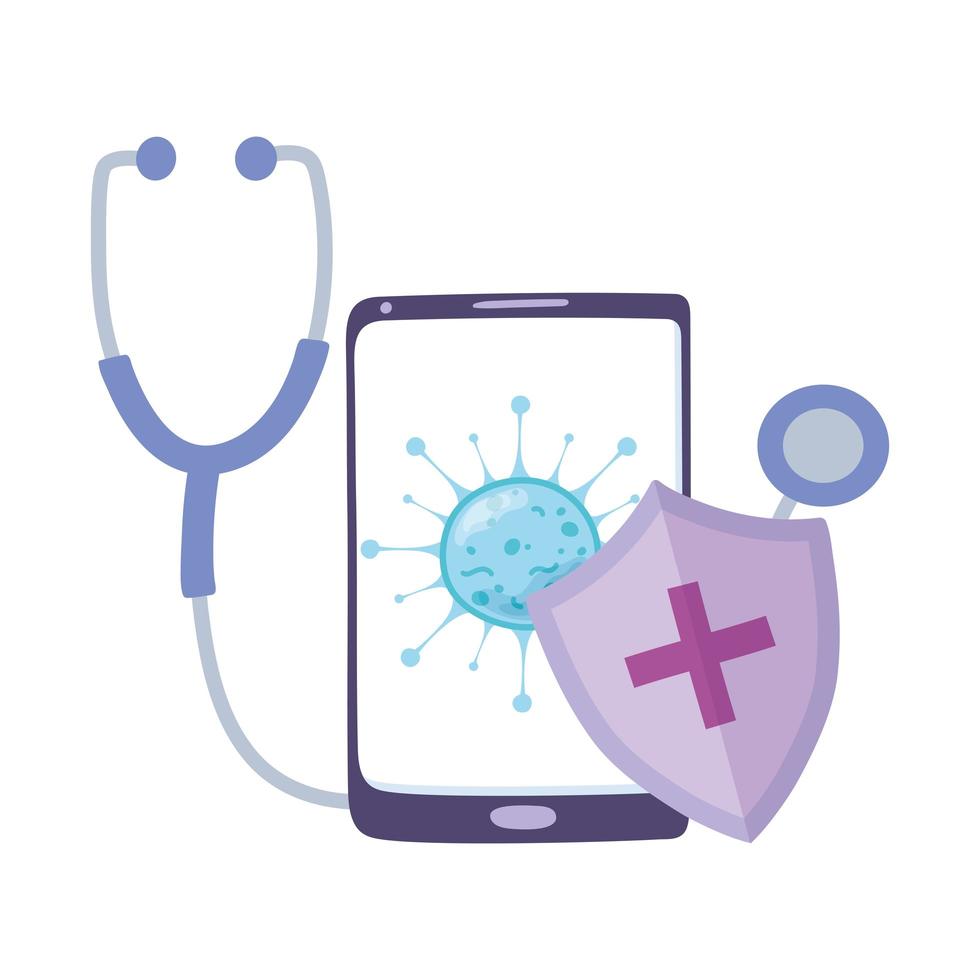 telemedicina, estetoscopio y escudo para teléfonos inteligentes, propagación del coronavirus, tratamiento médico y servicios de atención médica en línea vector
