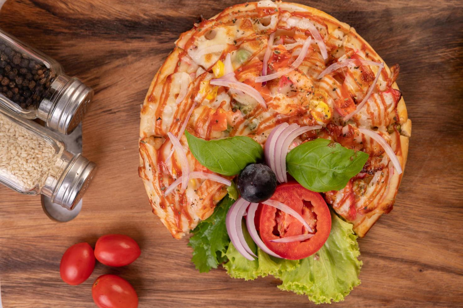 Homemade pizza on a cutting board photo