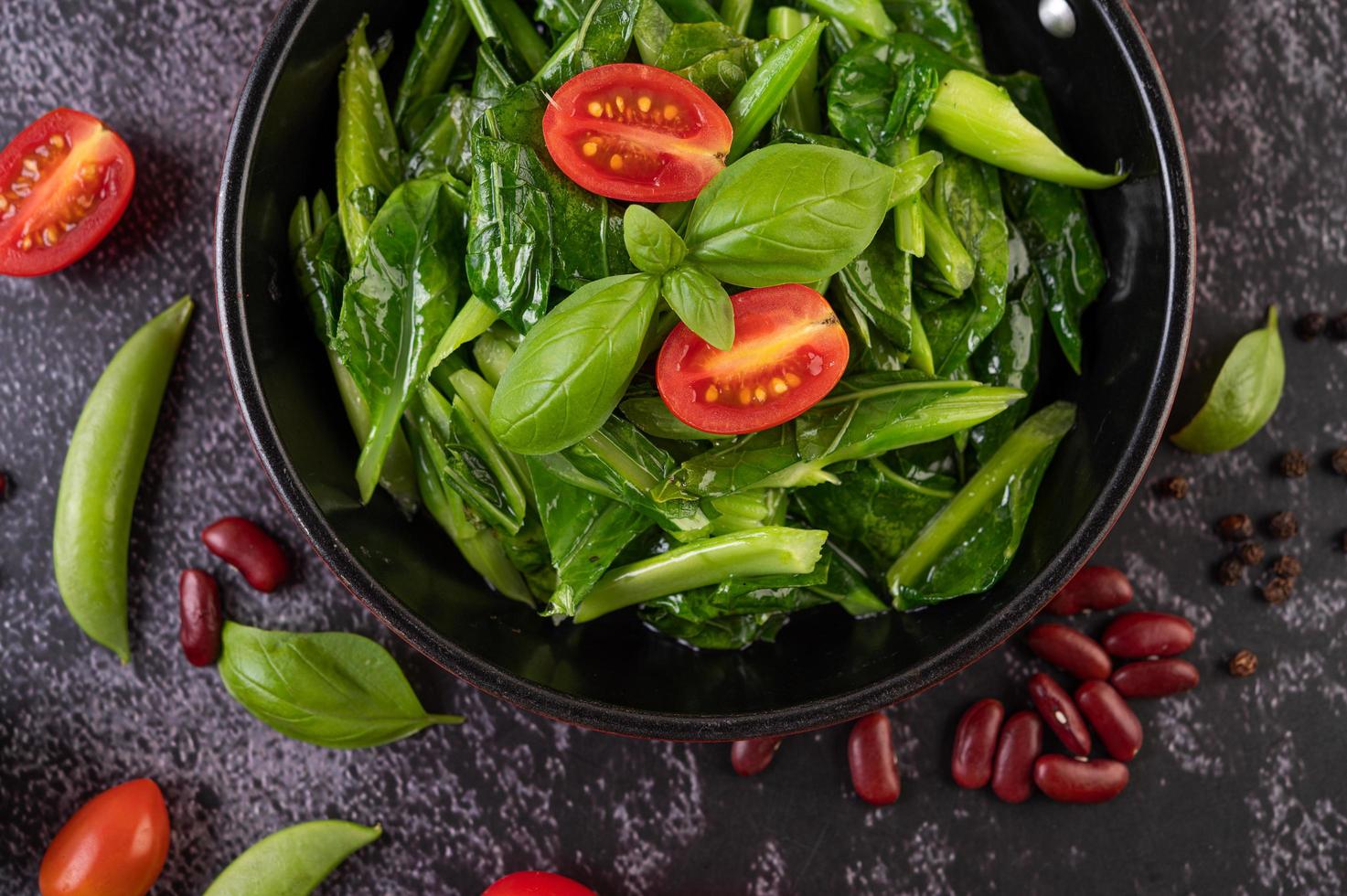 Stir-fried kale in a pan photo