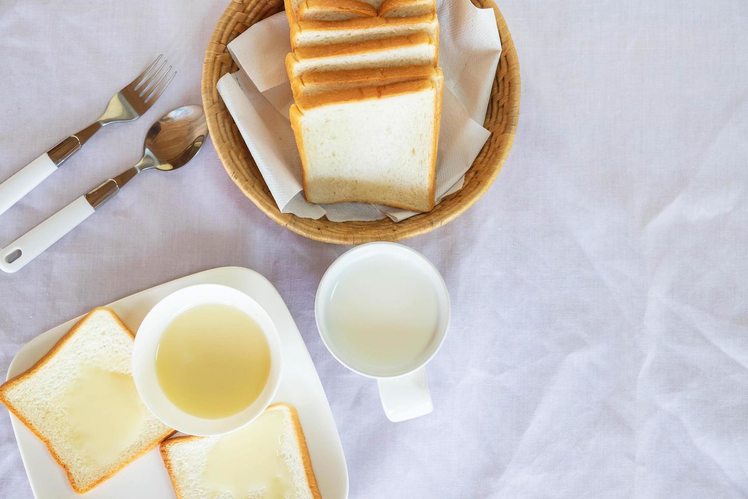 Top view of toast and dipping sauce photo