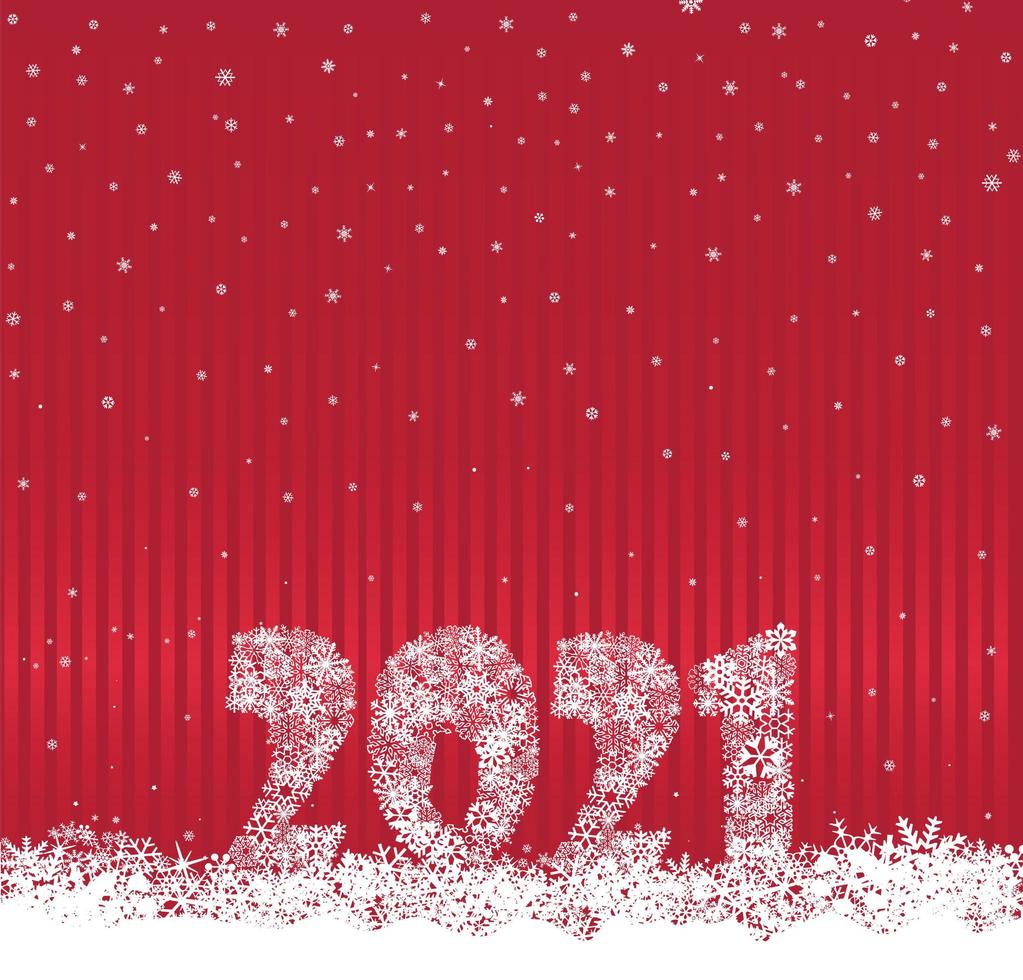 Happy New Year red festive curtain background and snow. Winter holiday greeting card design with snowfall wallpaper. Greeting Card with Lettering 2021 done from snowflakes vector