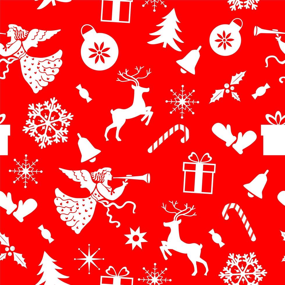 Seamless Christmas pattern of angel, deer, snowflakes, gloves on a red background. vector