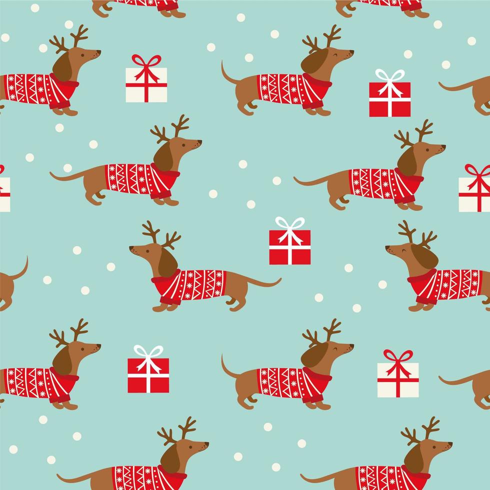 Seamless pattern with Dachshunds and boxes of presents on blue background. vector