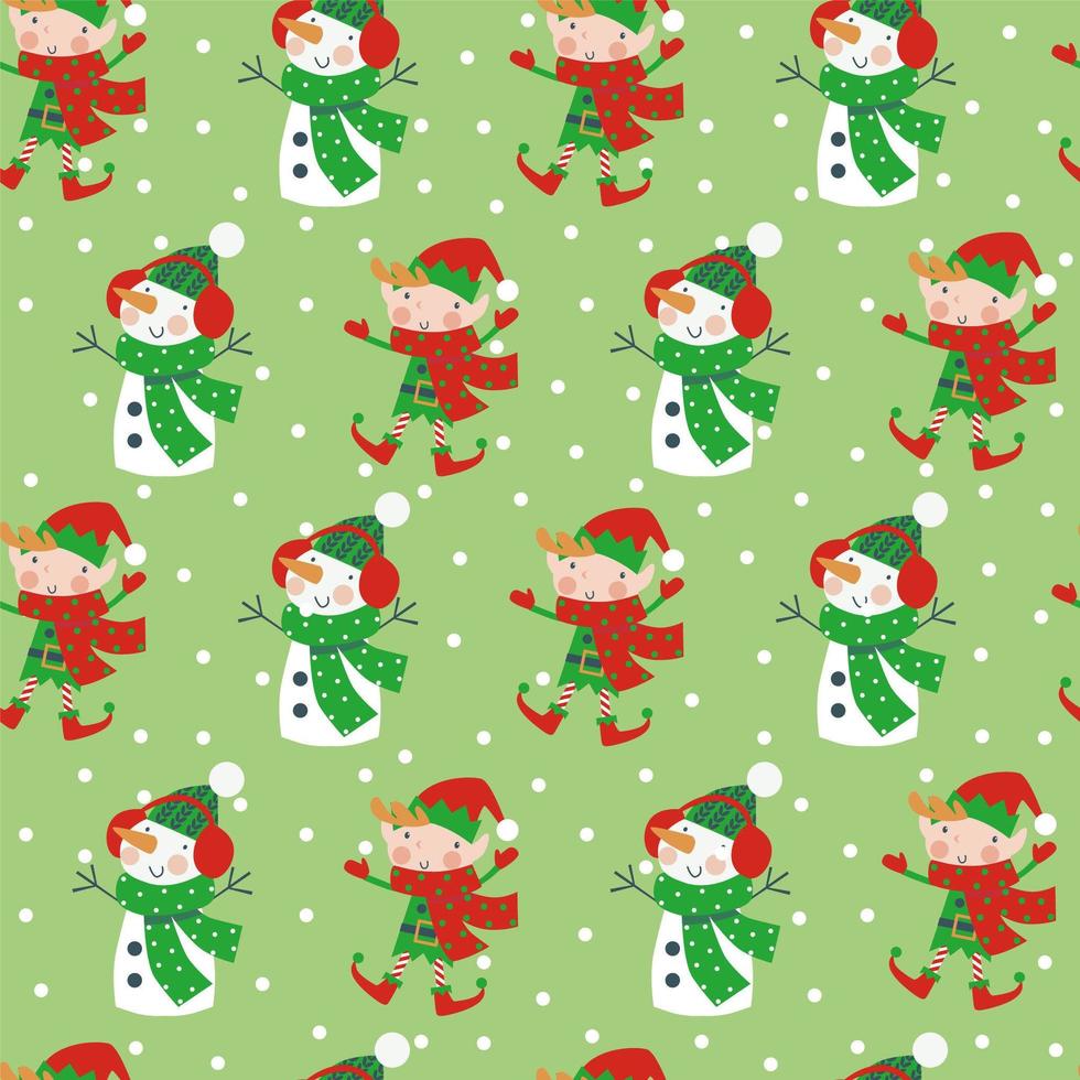 Christmas cartoon characters seamless pattern with elf and snowman on winter snowflakes background vector