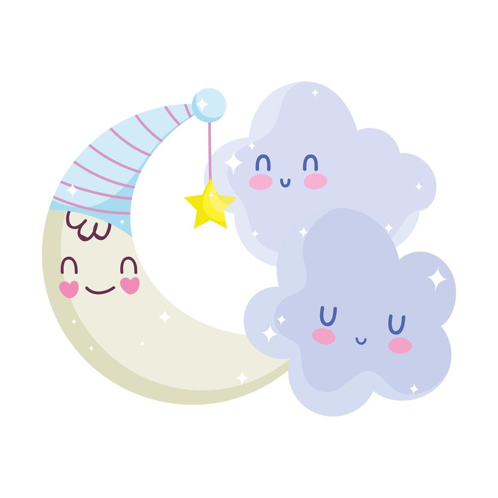 baby shower, half moon and clouds decoration cartoon, announce newborn welcome card vector