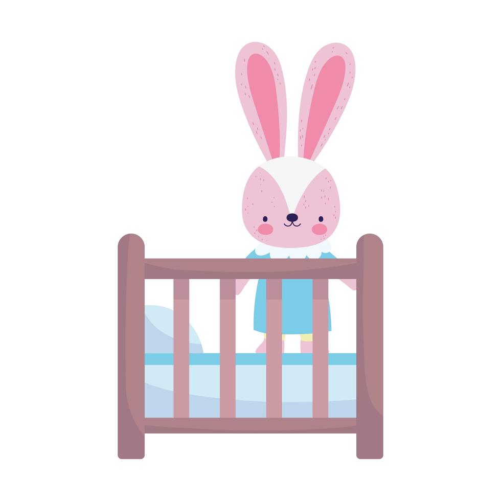 baby shower, cute bunny in crib with ball train moon cartoon, announce newborn welcome card vector