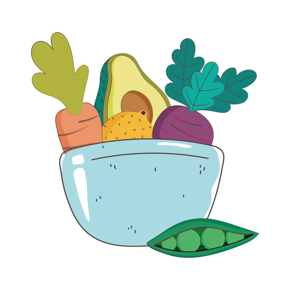 plato tazón aguacate zanahoria limón y guisantes mercado fresco comida sana orgánica con frutas y verduras vector